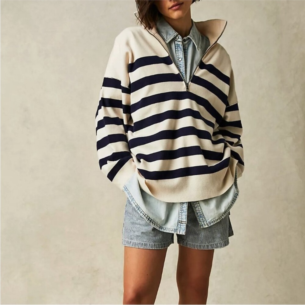 Free People Striped Half-Zip Sweater in Cream and Navy